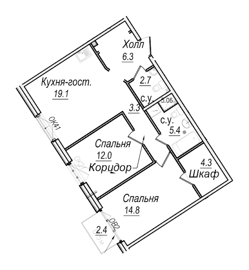 2-комнатная квартира 68.6 м², 6/8 эт., Комплекс апартаментов «Meltzer Hall»